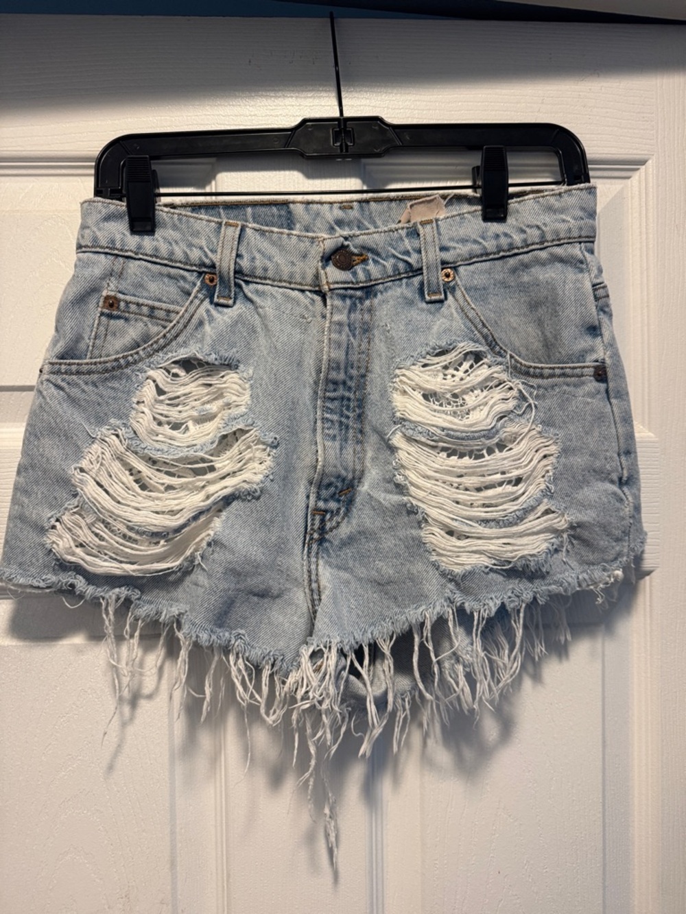 Frayed Hem Light Blue Distressed Denim Shorts - Women
